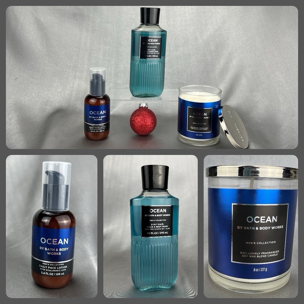 Bath & Body Works Men's Ocean 3pc Gift Set Bundle Candle + Body Wash + Face‎ New